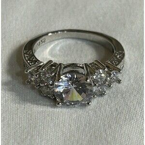S925 Marked Ring Round Cut Center CZ Cluster Accents CZ's Size 7 J352
